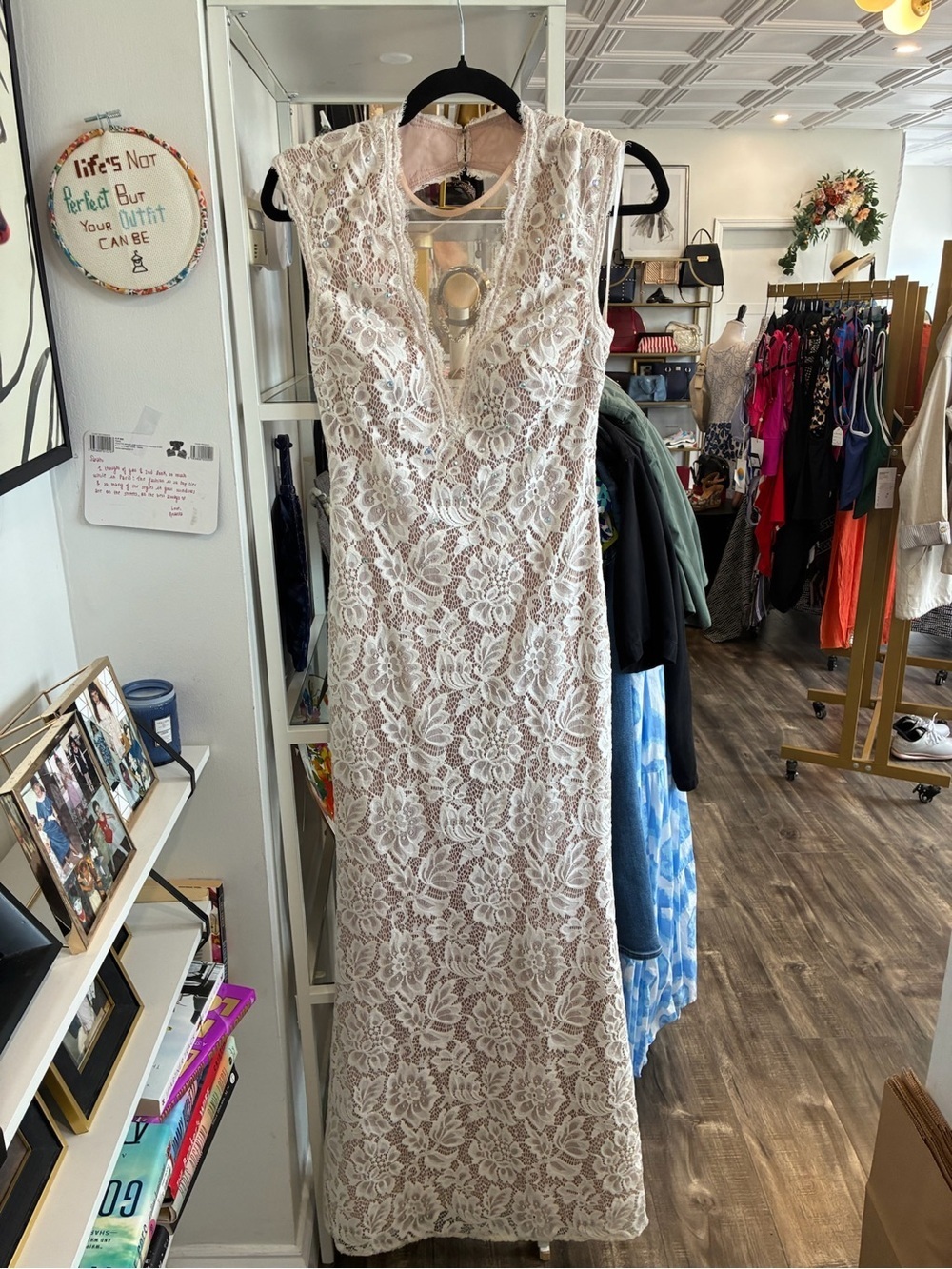 Sleeveless Ivory Lace Maxi Dress with Blush Lining